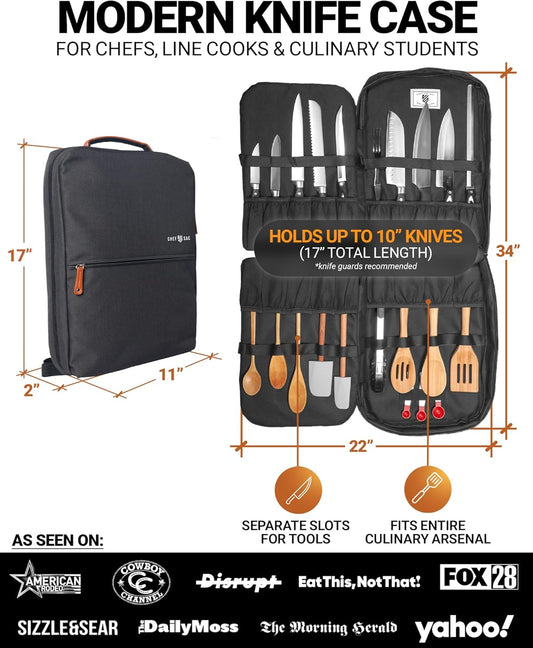 Chef Knife Bag | Premium Knife Case | Waterproof Material | Chefs Case with 30+ Pockets for Knives & Utensils | Culinary Gifts For Chefs & Students | Sturdy Travel Knife Bag (Black)