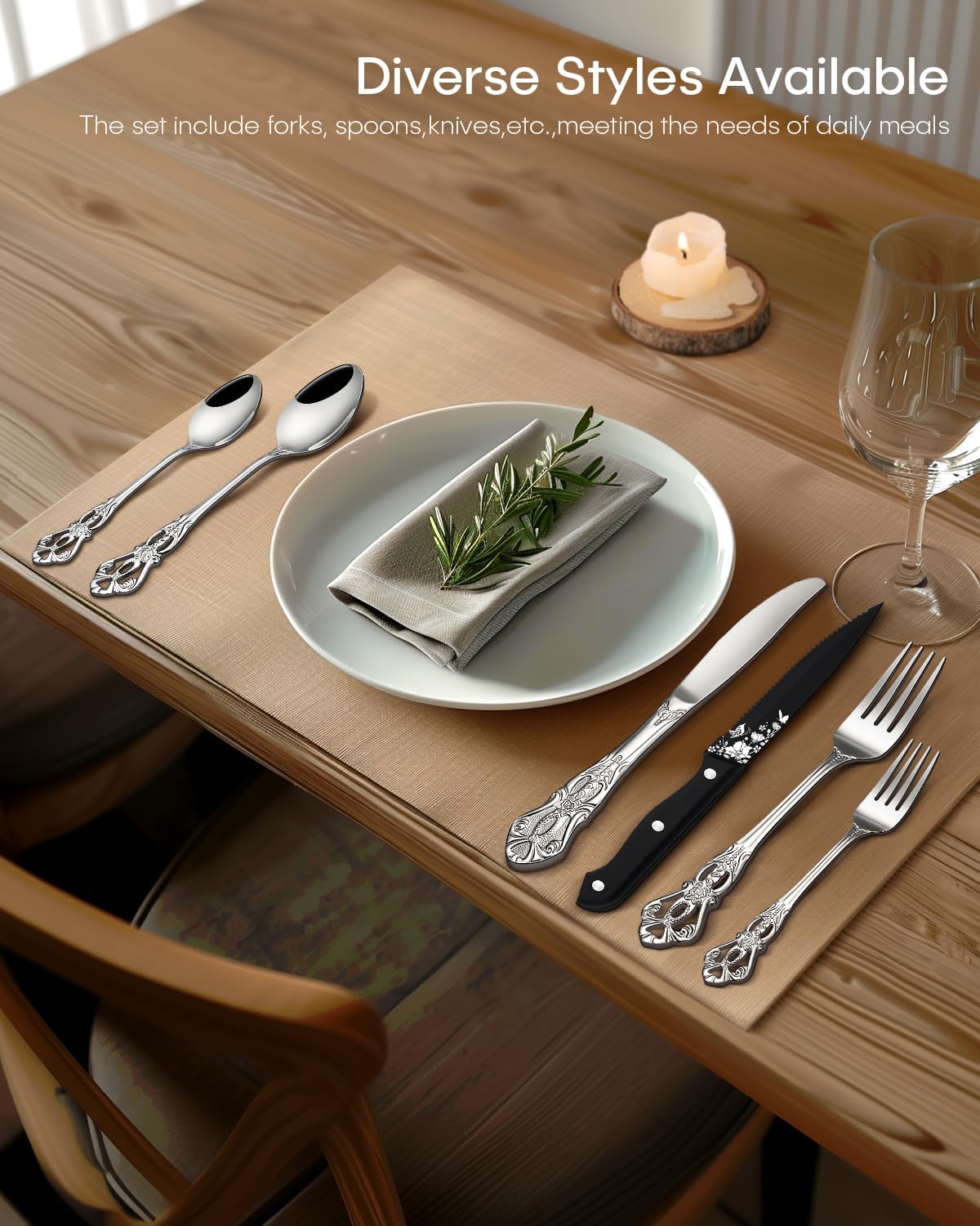 Black Silverware set with Steak Knives, Ollex 24PCS Retro Royal Flatware Set for 4 with Box, Food-Grade Stainless Steel Utensil Sets Includes Spoons Forks and Knives, Mirror Finish Dishwasher Safe