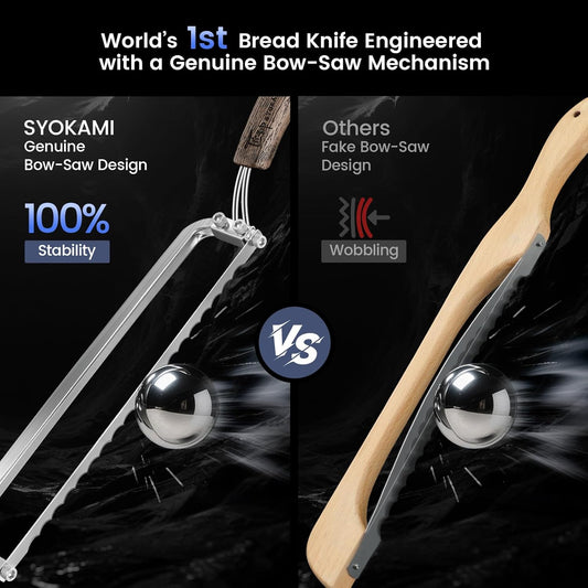 SYOKAMI 2026 Upgrade Bread Knife for Homemade Bread, World's 1st Real Bow-Design Sourdough Bread Slicer, Razor-Sharp Cutter for Crusty Sourdough & Baguette, 4 Thickness Scale Marks, Ideal for Gift