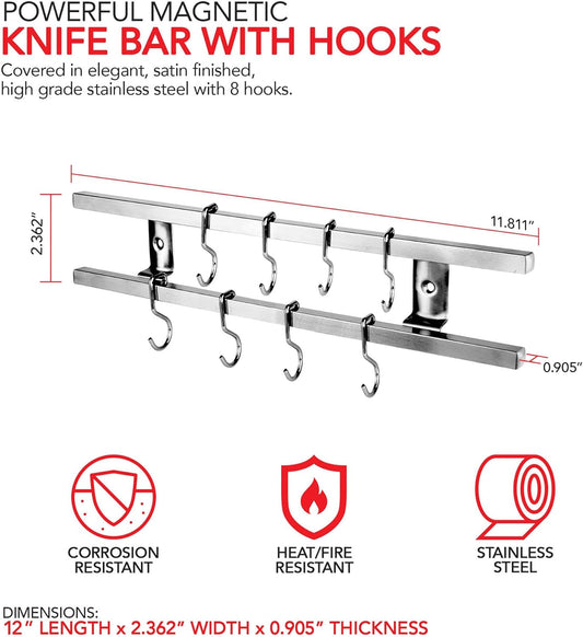 Modern Innovations (12 Inch Stainless Steel Metal Magnetic Knife Holder, Wall Mount Double Bar with 8 Hooks - Multipurpose Knife Magnetic Strip, Utensil hanger, and Kitchen Storage Rack Magnet