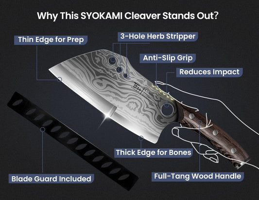 SYOKAMI Meat Cleaver Chef Knife with Sheath, 7.7 Inch Butcher Knife with Herb Stripper, Chopping Knife Heavy Duty Bone Cutting, Damascus Pattern Full Tang Wood Handle, Birthday Gift for Men