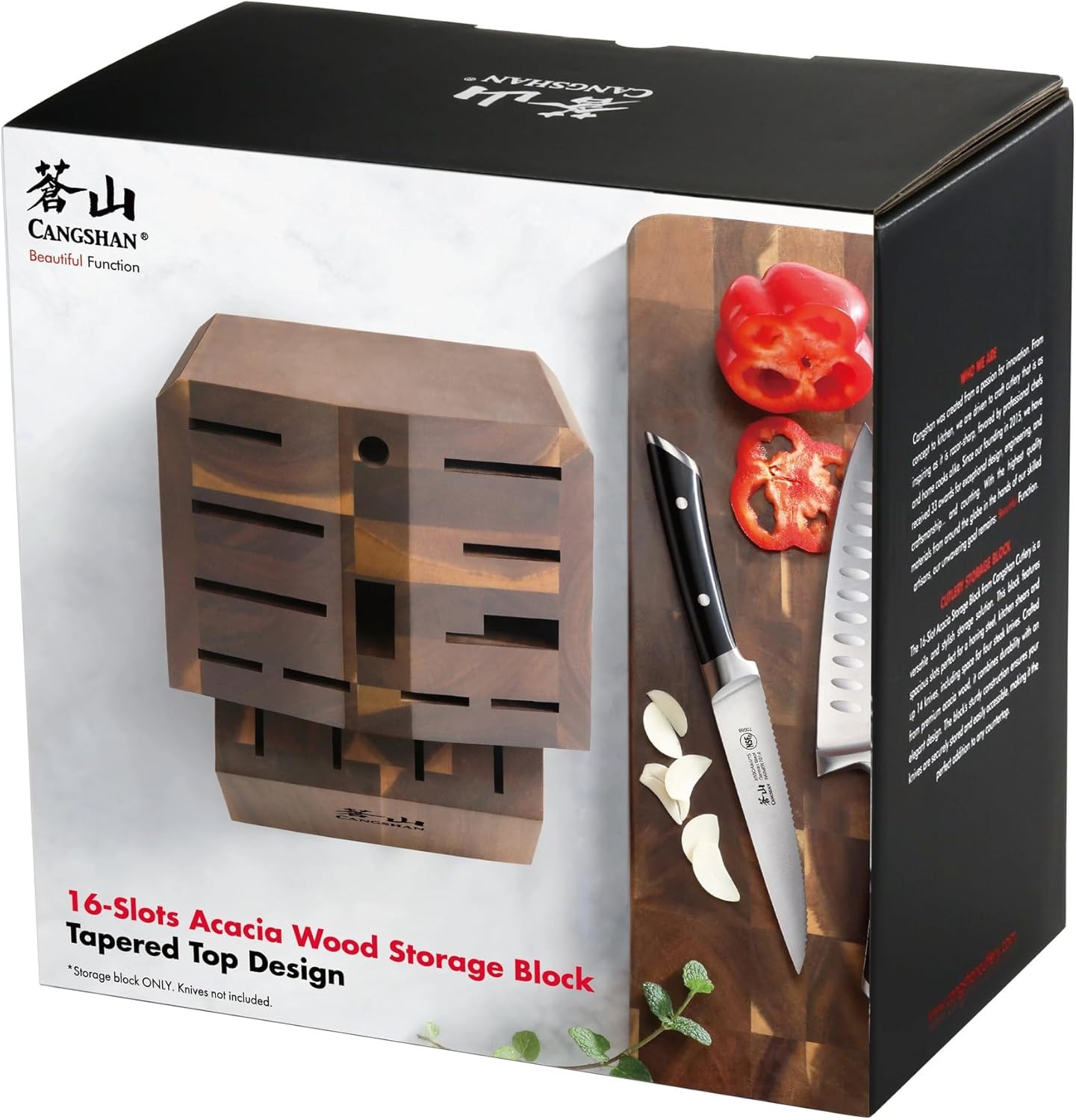 Cangshan Empty Knife Block, 16-Slot Organizer, Angled Top (Acacia Wood)