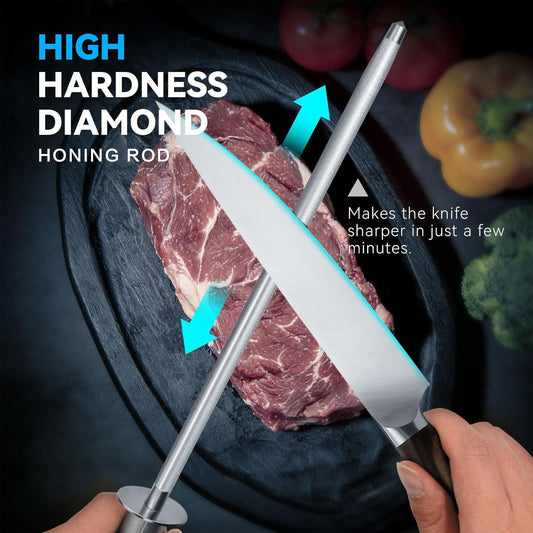 Honing Rod 10'', German High Carbon Steel Knife Sharpener Rod with Premium Gift Box, Professional Fine Sharpening Stone Kitchen Knife Whetstone with Stainless Steel Handle, 10 inch