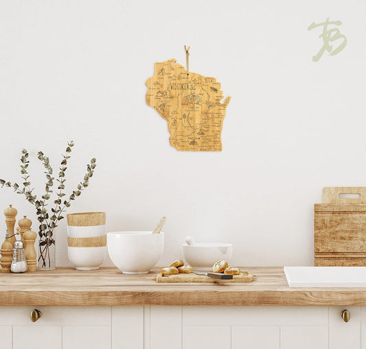 Destination Wisconsin State Shaped Serving and Cutting Board, Includes Hang Tie for Wall Display | State charcuterie serving board with engraved map artwork. Smooth reverse side for food prep. Hang tie for wall display.