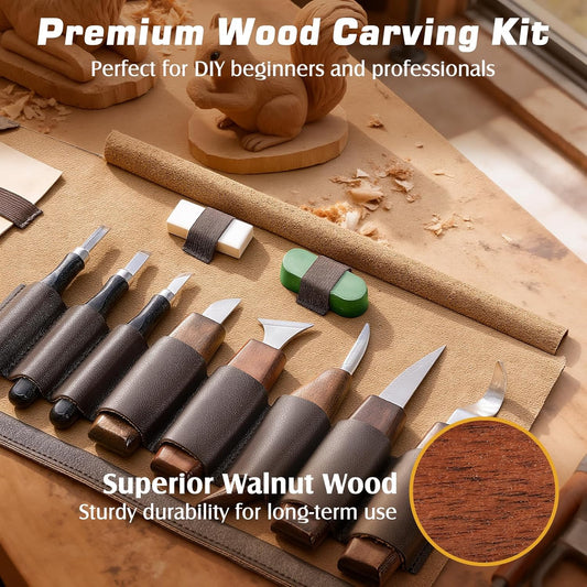 Wood Carving Kit with Leather Case, 24PCS Wood Carving Tools Whittling Kit Includes Carving Knives Carving Chisels Basswood Blocks Spoon Gloves, Woodworking Tools for Beginners DIY Hobbies