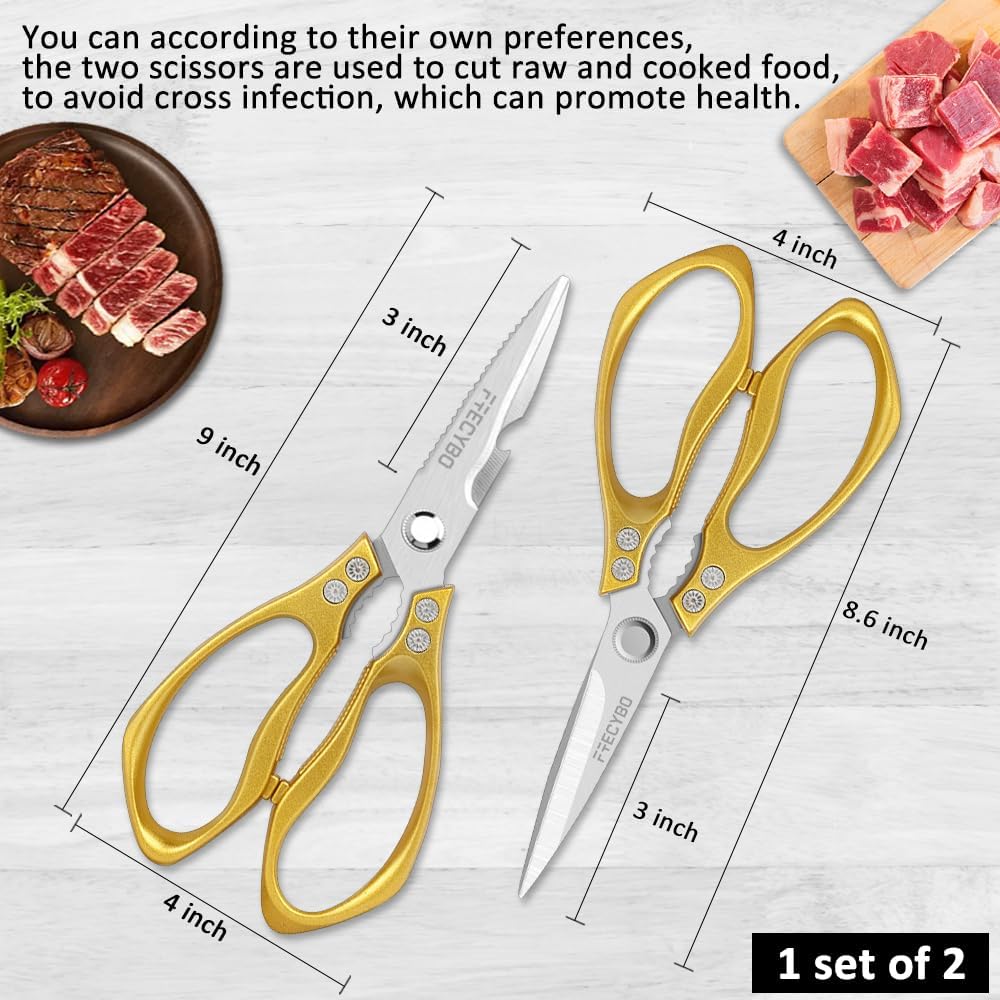 All Purpose Heavy Duty Shears, 2-Pack Kitchen Scissors for Food, Metal Handle Stainless Steel Cooking Scissors for Kitchen, Chicken, Fish, Meat, Poultry, Herbs (Silver)