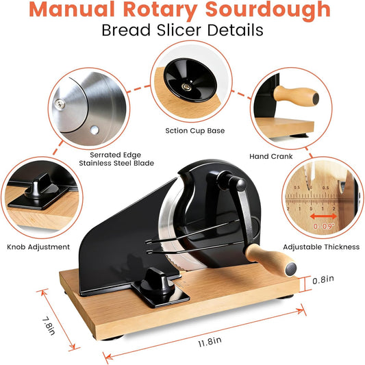 Bread Slicer for Homemade Sourdough Bread,Manual Slicer Making Tools,Adjustable Thickness Knive Cutter with Hand Crank for Sandwich with Scale Line Suction Base,Sharp Stainless Steel Blade (Black)