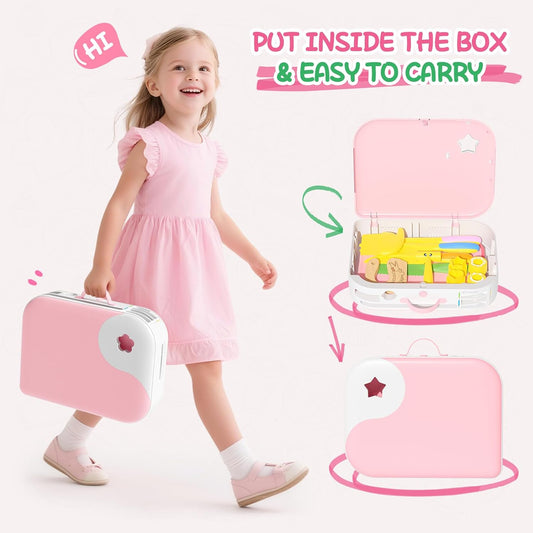 Kids Kitchen Knife Set for Real Cooking with Storage Box Pink, Montessori Kitchen Toy with Cutting Board, Plastic Toddler Knives, Peeler, Wooden Safe Knife for Age 3 4 5 6 7 8