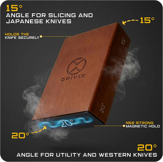 Rolling Knife Sharpener Kit – Magnetic 2-Angle Base, 3.86 Inches Longer Wooden Roller, 2 Grit Discs (600 Diamond & 3000 Ceramic) and Leather Strop