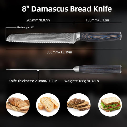 Damascus Bread Knife, 8-Inch Bread Knife with 9Cr18MoV Steel Core, Japanese Bread Knife with Ergonomic Wood Handle, Ultra-Sharp Serrated bread Knives for Homemade Bread with Gift Box DBK-001