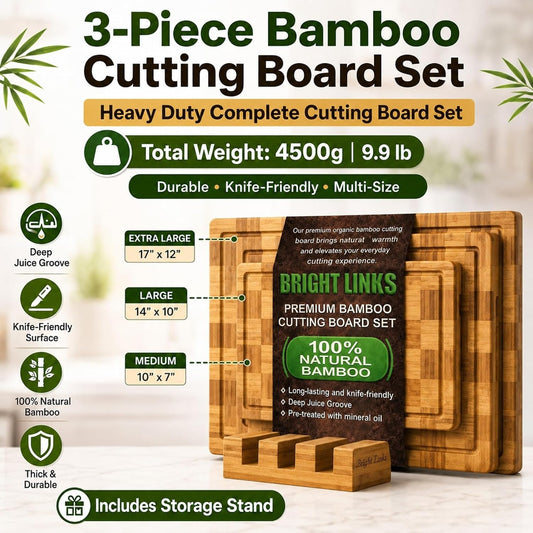 Bamboo Cutting Board Set with Juice Groove, End Grain Cutting Boards, Set of 3 with Holder, Extra Large17 x 12 Inch,1 Inch Thick Heavy Weight 9.5 lb Non-Toxic Wood Chopping Boards for Meat, Vegetables