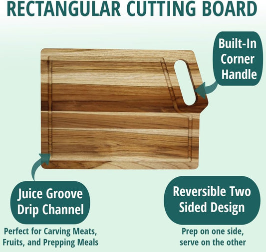 18"x14" Extra Large Teak Cutting Board, Edge Grain Wood with Juice Groove & Handle, FSC Certified for Kitchen, Carving & Butcher Block Prep