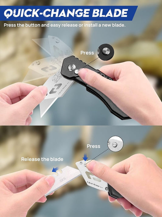 Folding Utility Knife, Premium Aluminum Alloy Handle Box Cutter with 10pcs SK5 Blades, Ergonomic Heavy Duty Razor Knife with Belt Clip & Quick Change for Cardboard, Carpet, DIY Crafts & Office