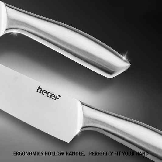 Silver Kitchen knife set of 5, Satin Finish Blade with Hollow Handle, includes 8" Chef, 8" Bread, 8" Santoku, 5" Utility and 3.5" paring knife