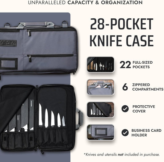 Asaya Chef Knife Bag - 28-Pocket Knives Carrying Case for Kitchen Tools and Utensils, Ballistic Nylon Chef Knife Roll Bag with Adjustable Shoulder Strap - Knives Not Included (Grey)