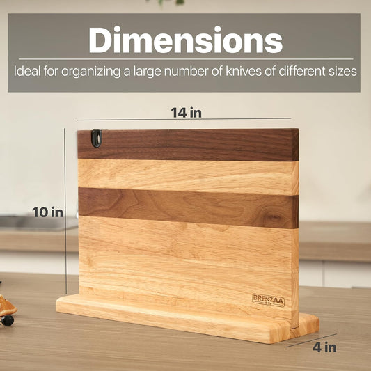 BRENZAA 14" Magnetic Knife Block with Sharpener, Wood Knife Holder Stand