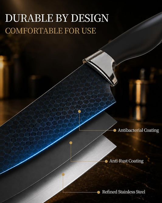 Knife Set, 15 Piece Kitchen Knife Set with Block and Built in Sharpener, German Stainless Steel Dishwasher Safe Knife Block Set, Black Kitchen Knives Set for Home Cooking