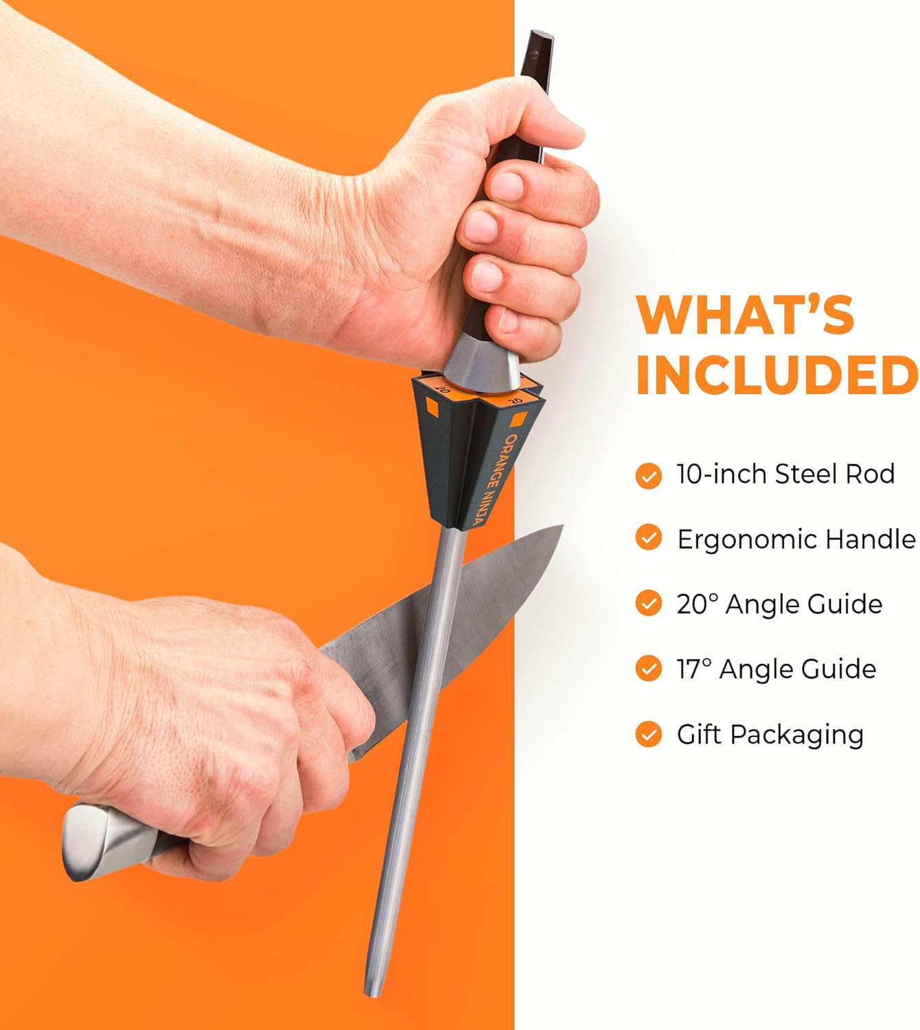 Orange Ninja Knife Honing Rod 10-inch with Adjustable Angle Guides | 17° & 20°- Premium Quality Sharpening Steel Sharpener to keep Kitchen Knives Sharp