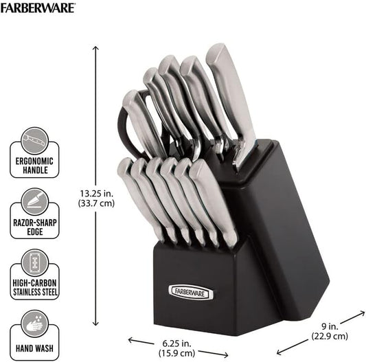 Self-Sharpening Knife Block Set, 13-Piece Kitchen Knife Set with EdgeKeeper Technology, High-Carbon Stainless Steel Blades, Ergonomic Hollow Handles, Black Wood Block