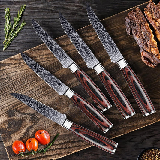 Seido 5-Piece Serrated Steak Knife Set, Stainless Steel Pakkawood | Hand-forged serrated steak knives with ergonomic pakkawood handles for table use and meat slicing