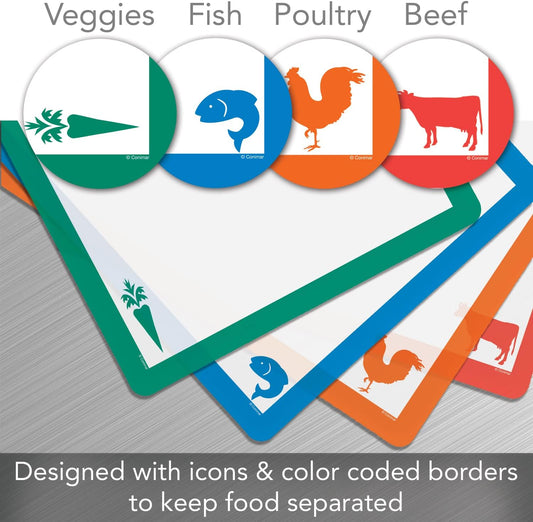 Cut N' Funnel Assorted Color Flexible Plastic Cutting Board Mats with Borders & Food Icons, 4 Pack 15" x 11.5" Made in the USA