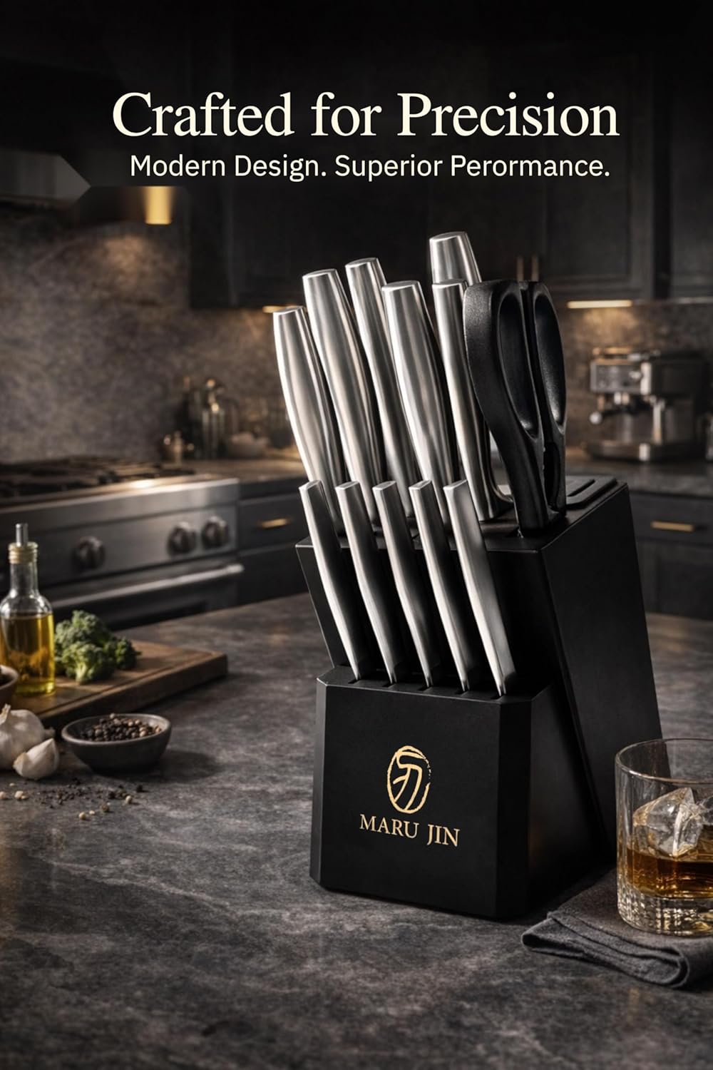 Japanese 15-Piece Kitchen Knife Block Set with Built-in Sharpener, High Carbon Stainless Steel Chef Knife Set, Dishwasher Safe Razor Sharp Cutlery Set (Wooden)