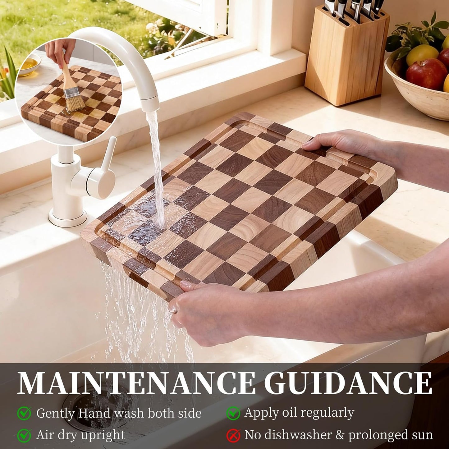 Checkered Cutting Board for Kitchen– Wood Checkerboard End Grain Chopping Board 1" Thick Butcher Block with Juice Groove & Handle, Reversible for Cooking and Serving (Rectangular)