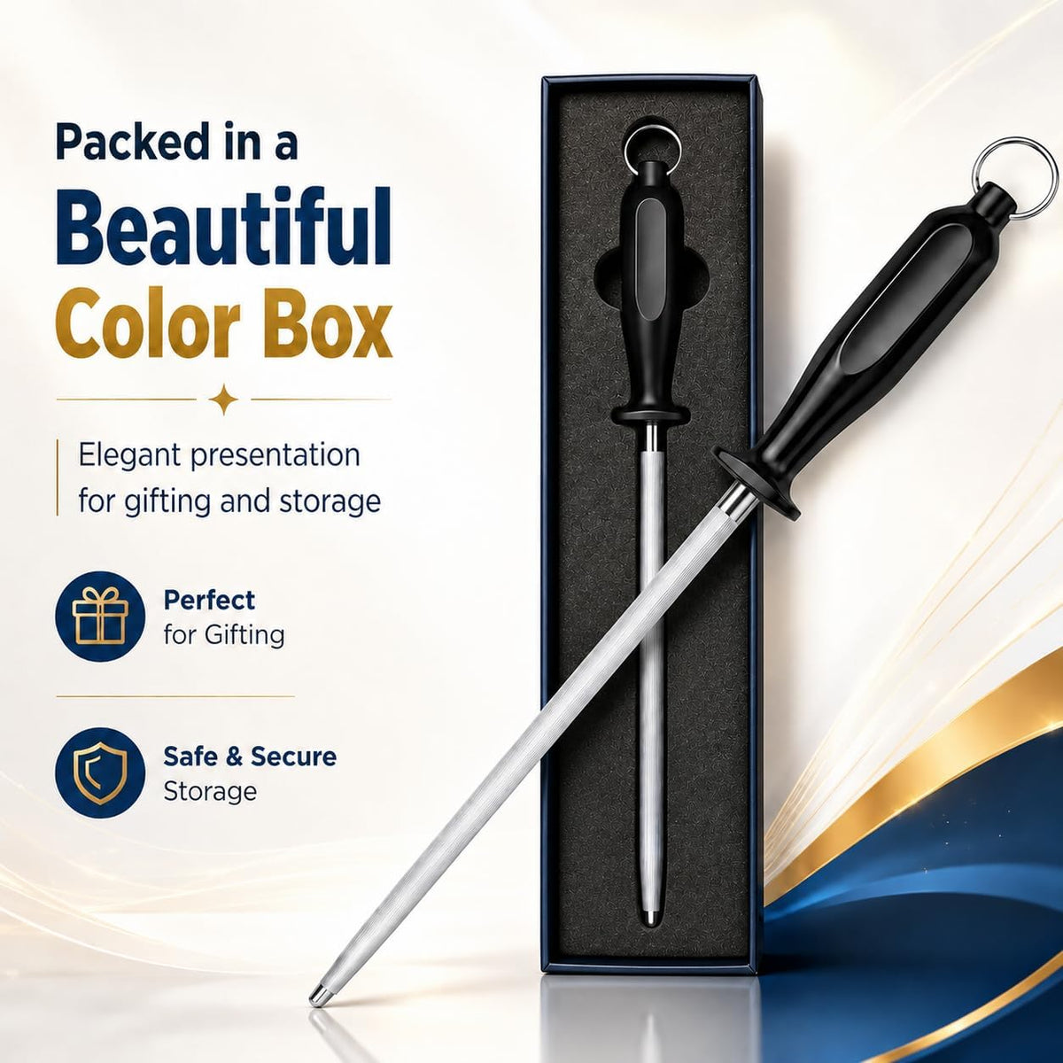 Honing Steel Rod 10 Inch, High Carbon Sharpening Steel Knife Sharpener with Non-Slip Ergonomic Handle, Professional Rod for Kitchen, Chef & Butcher Knives, Gift Box Included