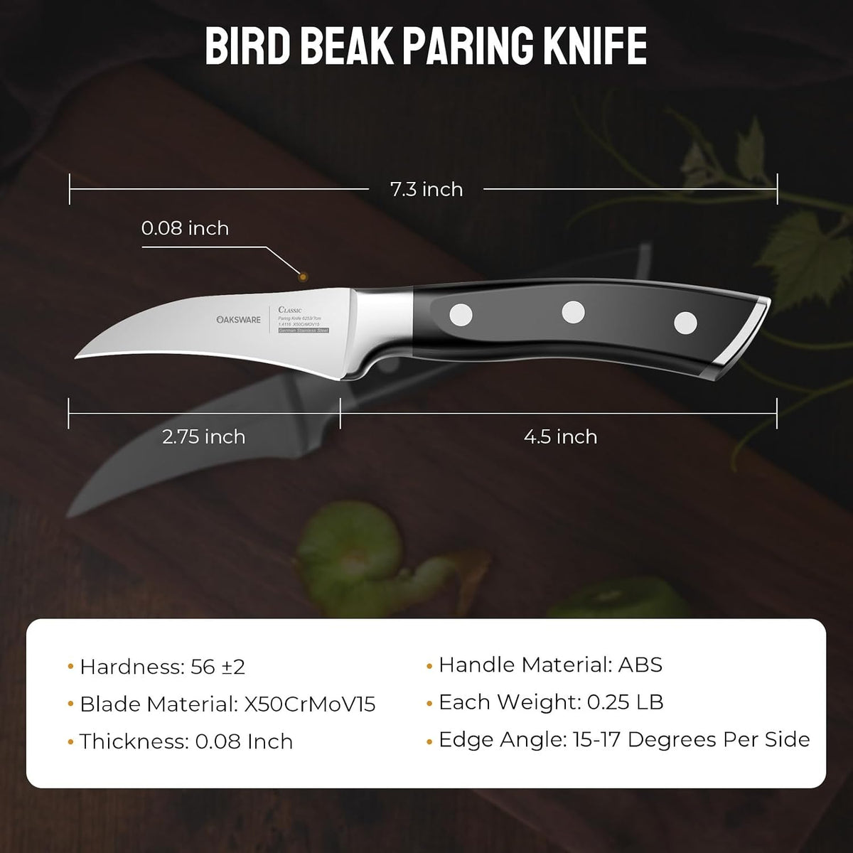 Bird Beak Paring Knife, 2.75 Inch Razor-Sharp Pro Tourné Knife | German High Carbon Steel Curved Peeling Knife for Round Fruit, Coring & Precision Garnishing, Ergonomic Full-Tang Handle