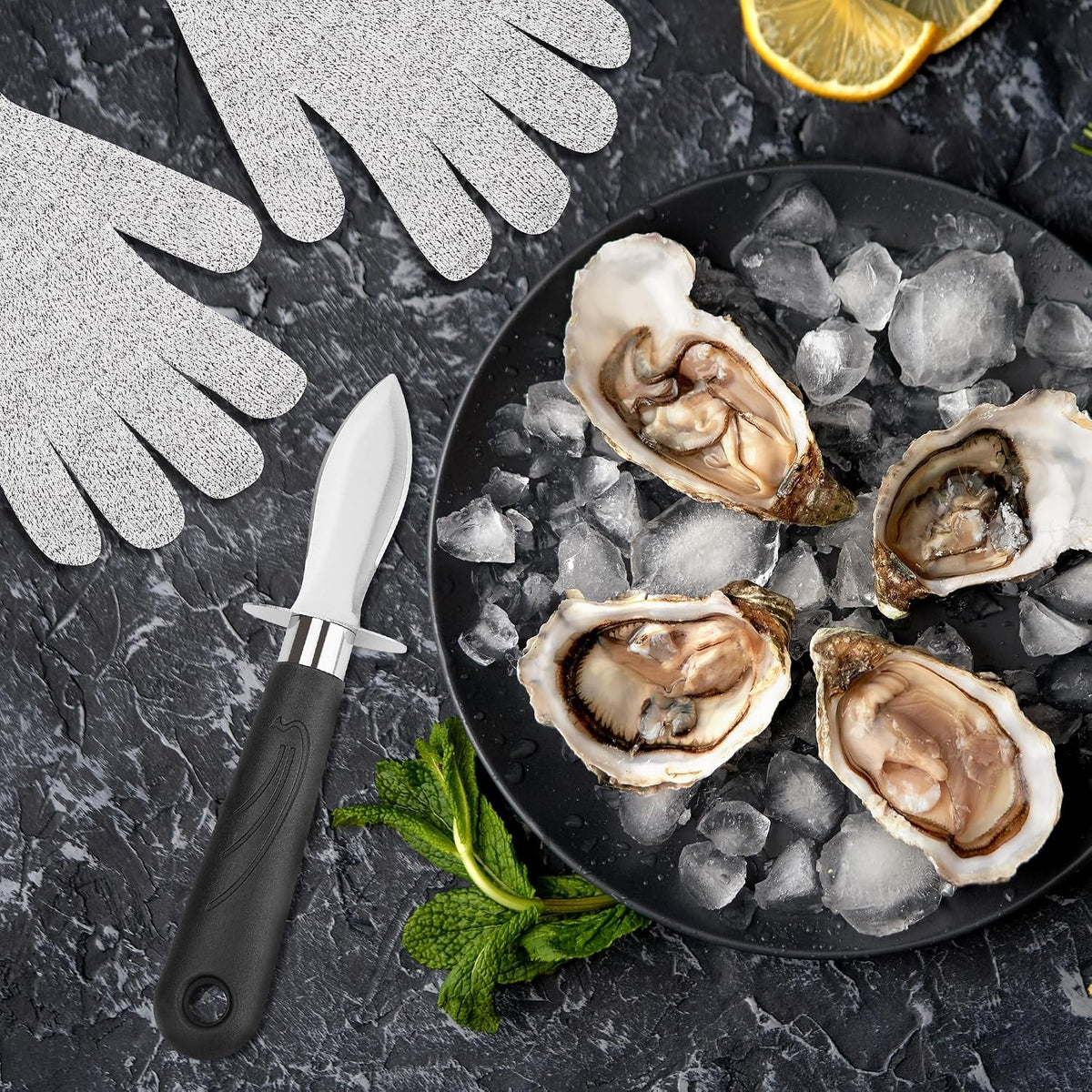 Oyster Shucker Set of 2 with Cut Resistant Glove, Stainless Steel Oyster Opener Tool, Wood Handle Shucking Knife Set for Oysters Clams Scallops Mussels Shellfish, Kitchen Seafood Tools Gift