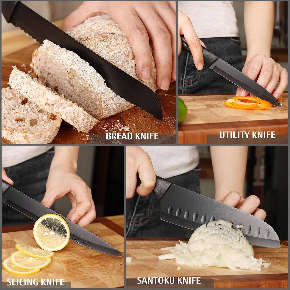 Black Kitchen Knife Set of 3, Dishwasher Safe | Sharp Knives with Stainless Steel Blade, Lightweight Handle, Non-stick Coating, Includes 7", 5", 3.5" Knives