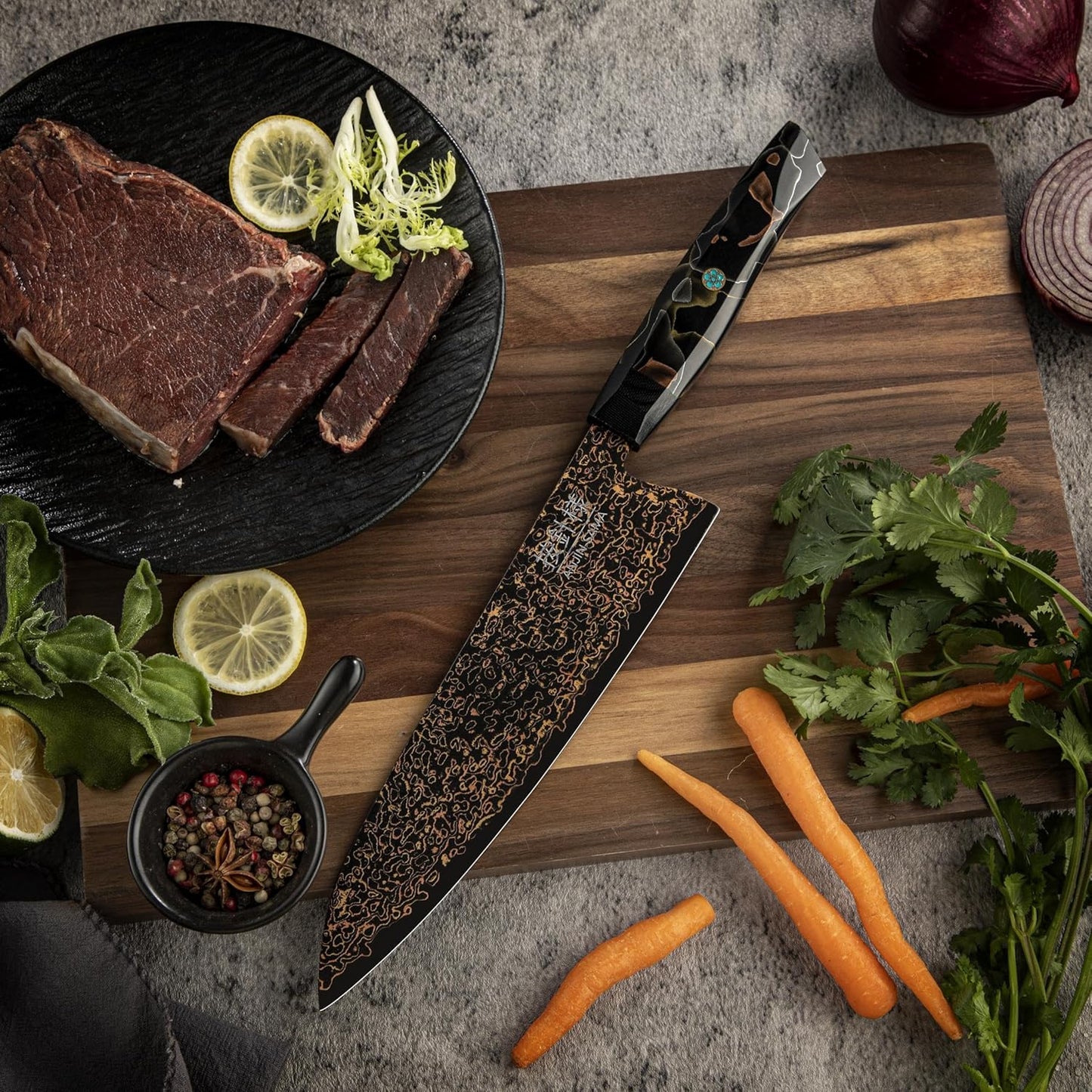 8" Gyuto – Handmade Japanese CuMai Copper Damascus Chef Knife – Ultra Sharp Kitchen Chopping Knife.
