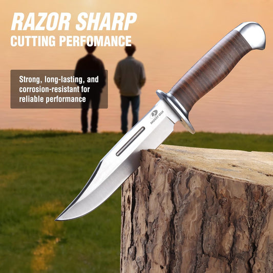 2-piece Bowie Knife | Fixed Blade Hunting Knife with Leather Handle, Sheath Included