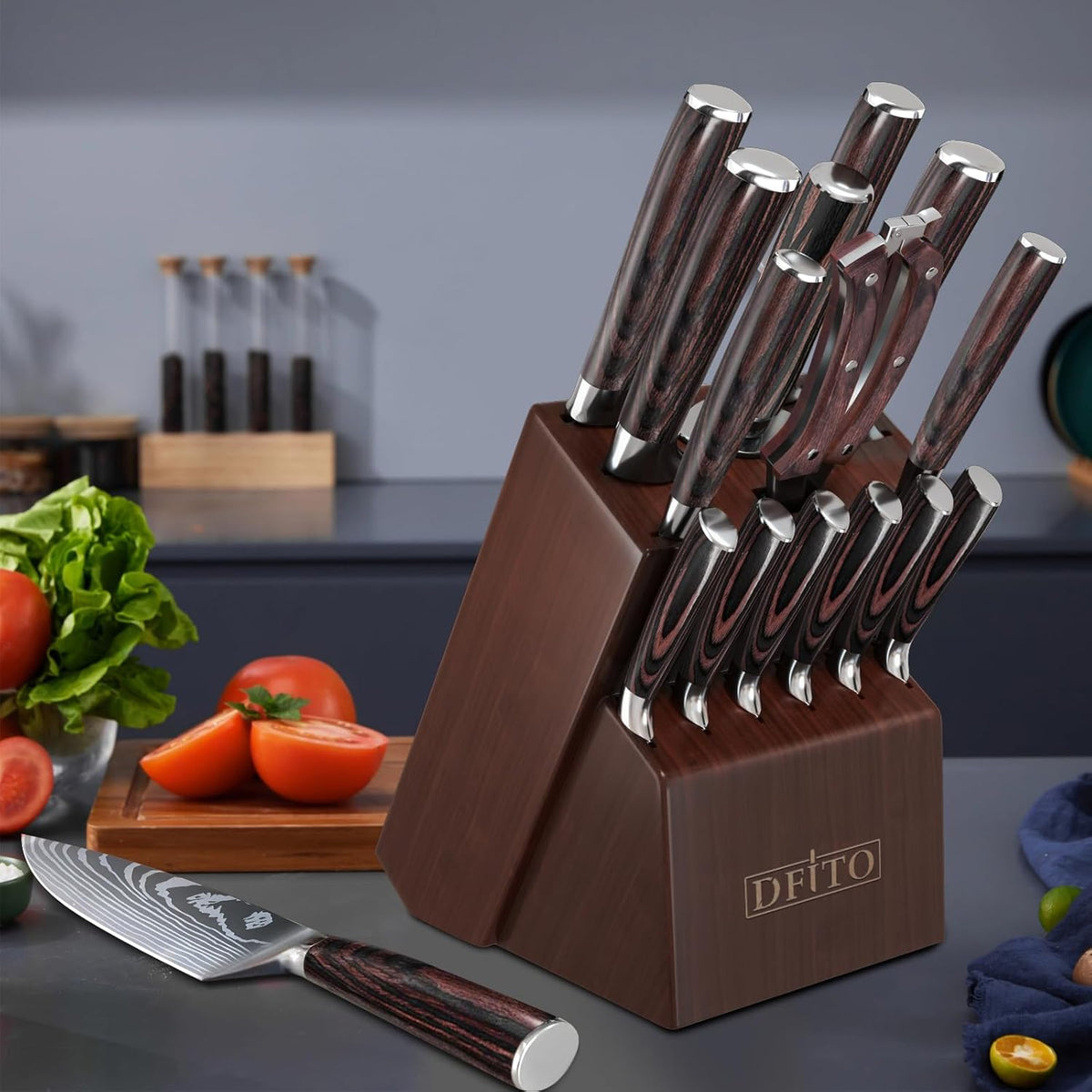 Kitchen Knife Set, 15 Pieces Knife Set with Block and Sharpener | High Carbon Stainless Steel Chef Knives Sets with Ergonomic Pakkawood Handle and Steak Knives for Kitchen & Home Cooking