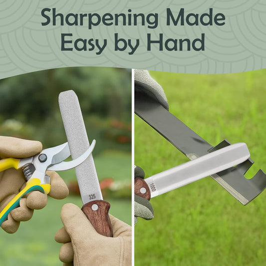 Garden Tool Sharpener - Dual Grit Titanium File with Leather Strop | for Pruners Loppers Hedge Shears Mower Blades Axes and Machetes