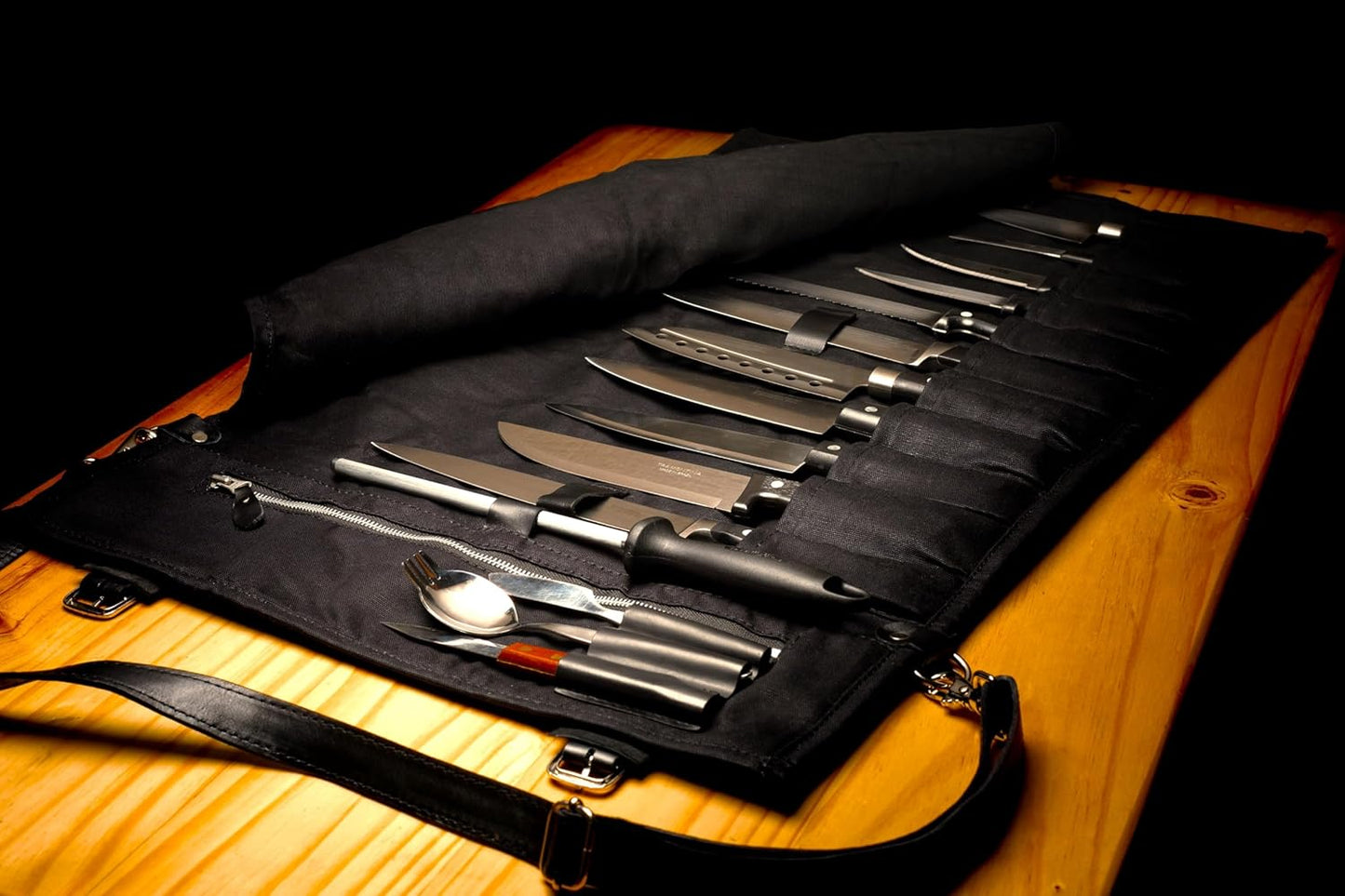Waxed Canvas and Genuine Leather Trim Chef Knife Roll Bag Holds 12 Knives and Cooking Tools – Durable, Large Knife Case – Elegant Chef Bag for Professional Cooks and Students