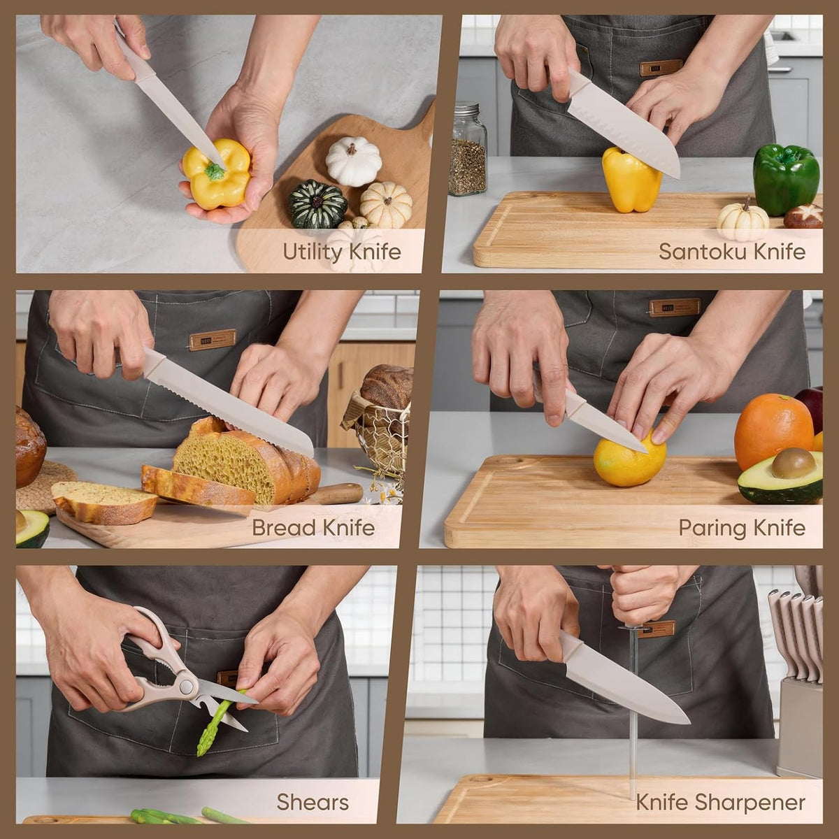 Knife Set, 15-Piece Kitchen Knife Block Set with Sharpener, High Carbon Steel Chef Paring Steak Knives with Ergonomic Non-Slip Handle, Anti-Rust & Razor Sharp, White