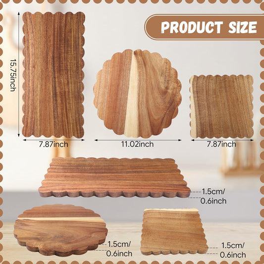 3 Pcs Acacia Wood Scalloped Cutting Boards Set, Thick Wooden Chopping Boards for Kitchen Charcuterie Serving Board for Cheese Meat Bread Decorative Farmhouse Cottage Style