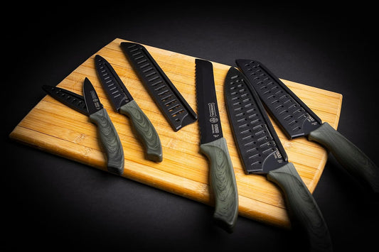 Stainless Steel, Set of 5 Black Kitchen Knives with Plastic Protectors, Ideal for All Cutting, Slicing, and Chopping Needs, Sleek Black Blades with Comfortable Ergonomic Handles