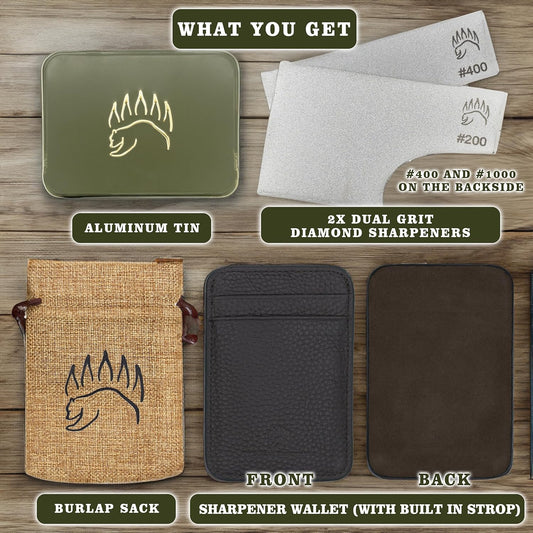 2X Dual Grit Diamond Sharpening Stone + Leather Wallet Strop | | Pocket Credit-Card Sized Field Sharpener for Camping, Bushcraft, Outdoors, Survival, EDC - Dark Brown