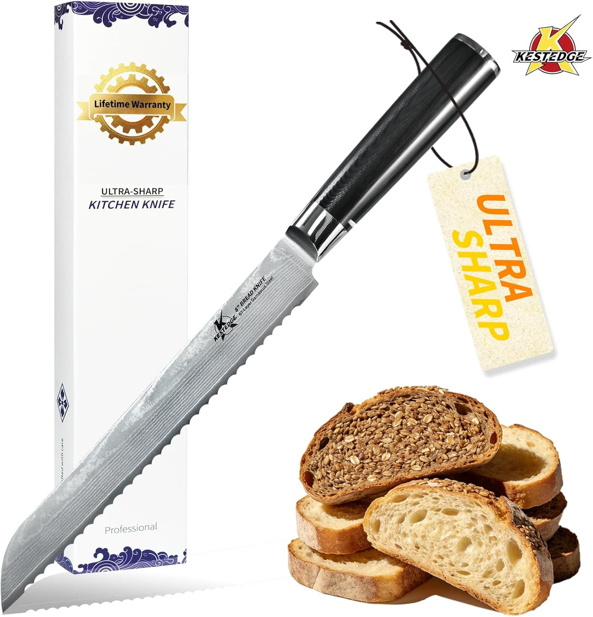 Serrated Bread Knife 8 Inch VG10 Damascus for Homemade Sourdough | VG10 Damascus Serrated Bread Knife 67 Layer Micro Serrated Edge G10 Handle for Sourdough Homemade Bread Artisan Baking