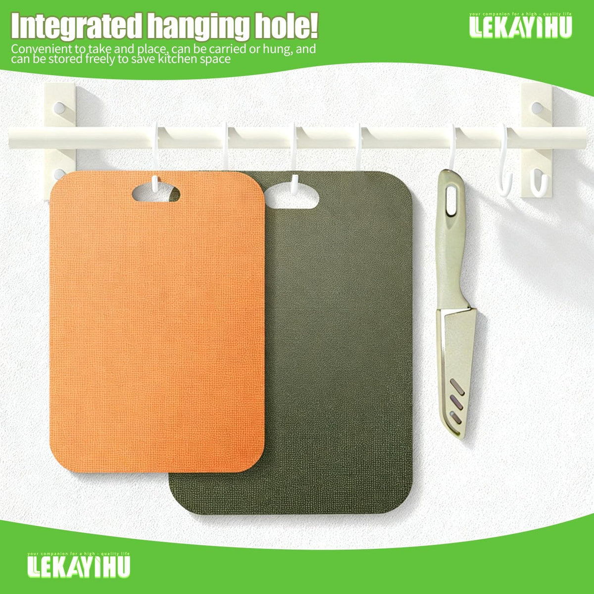 Plastic Cutting Boards Set of 3 for kitchen,Flexible Cutting Mats for Cooking,Non-Slip Cutting Board for Fruit Meat and Vegatables, BPA-Free and Dishwasher Safe with knife (14 in Green/Orange)