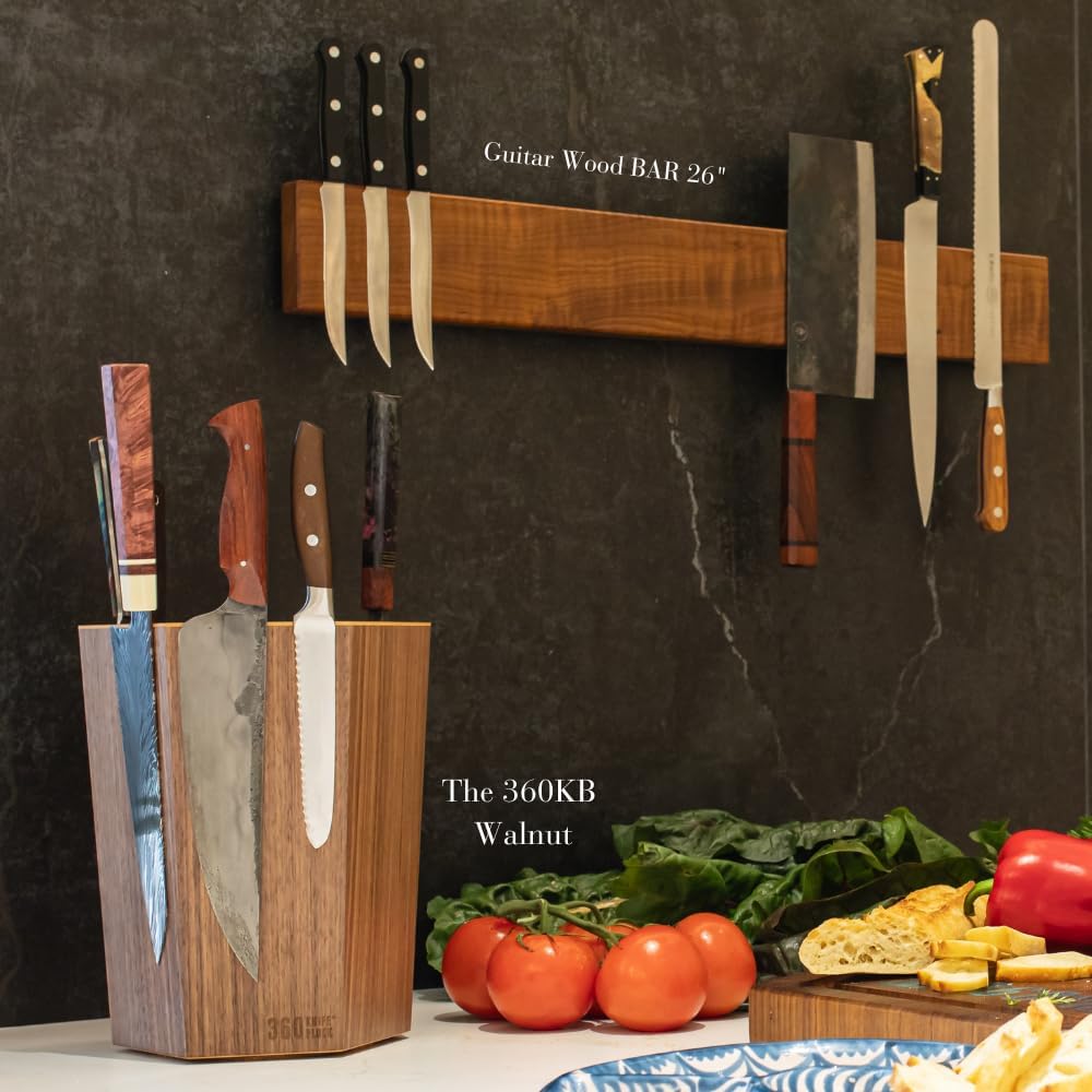 360KnifeBlock magnetic knife BAR - Guitar Wood - 2 Rows of Magnets, 'magic floating backer' w/level system, 2"screws - handmade in Washington (Guitar wood, 18" wide)