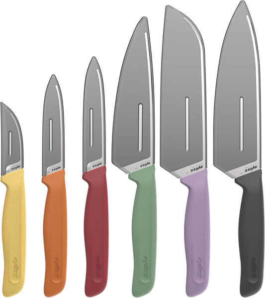 Classic 6 Piece Knife Set, Chef Santoku Utility Paring Serrated & Peeling Knives, Stainless Steel 15° Hollow-Ground Blades, Ergonomic Wheat Straw Handles