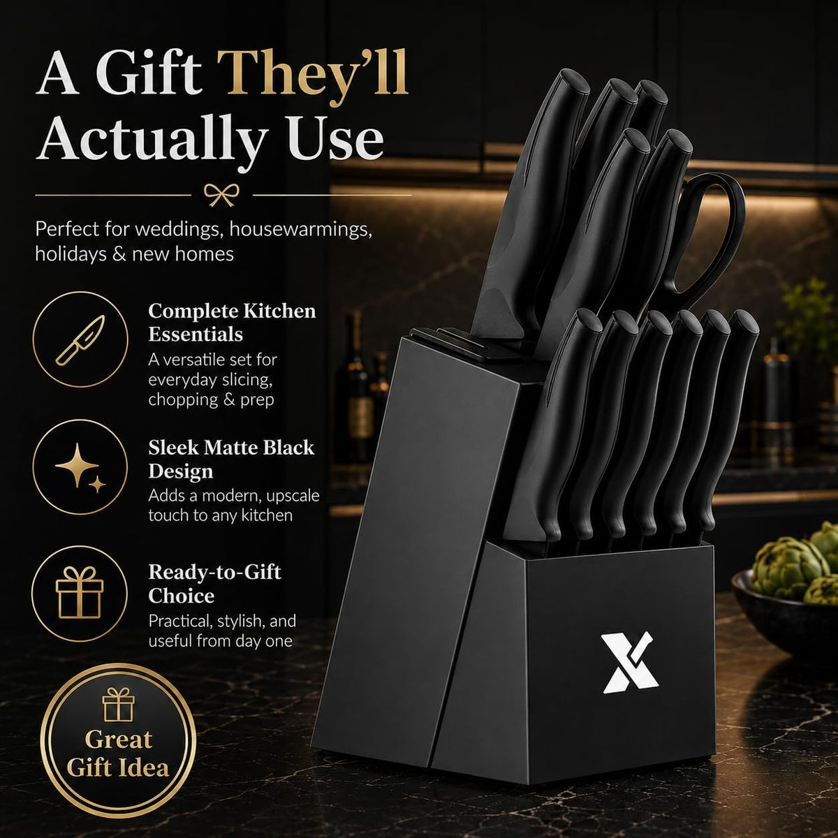 Knife Set, 14 Pieces Kitchen Knife Set, High Carbon German Stainless Steel, Dishwasher Safe Cutlery with Built-in Knife Sharpener, Black