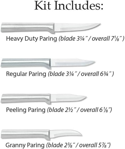 4-Piece Paring Knife Set, Silver Handle | Granny, Peeling, Regular, and Heavy Duty Paring Knife Set, Stainless Steel Blades, Silver Cast Aluminum Handle