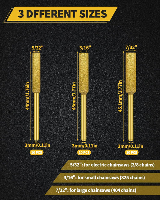 30 Pcs Gold Diamond Chainsaw Sharpener Bits, High Hardness Titanium Plated Grinding Tool for Electric Chain Saw, Chainsaw Sharpening Kit for Chain Saw Stone Jewelry Wood, 5/32", 3/16", 7/32" (Gold)