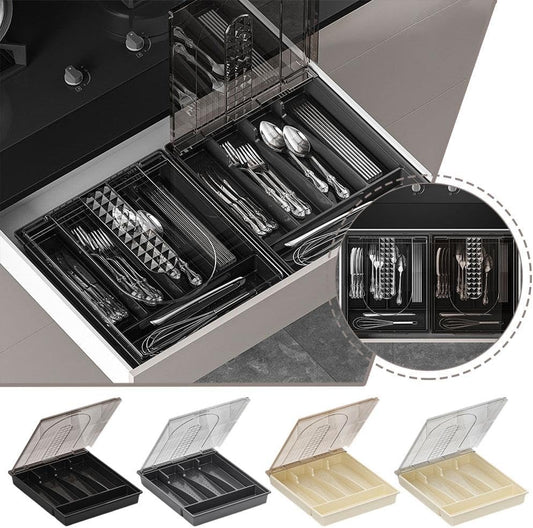 Flatware Storage Plastic Tray with Lid,Covered Utensil Tray for Kitchen Drawer and Countertop,Silverware Organizer Utensil Drawer Organizer Container with Cover for Spoon Fork Knife(black)