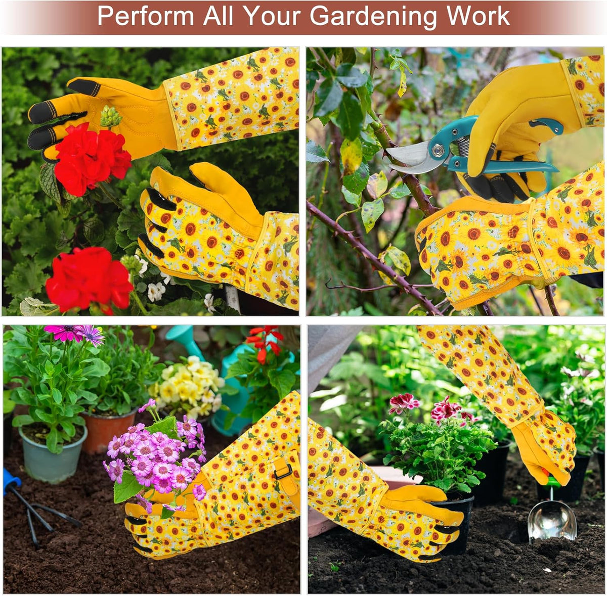Garden Gloves for Women,Gardening Gloves,Gardening Gift for Lady,Blue,M | Thornproof Cowhide Palm, Foam-Padded Grip, Long Sunflower Print Cuff, 3-Finger Touchscreen, Rose Pruning, Weeding & Yard Work