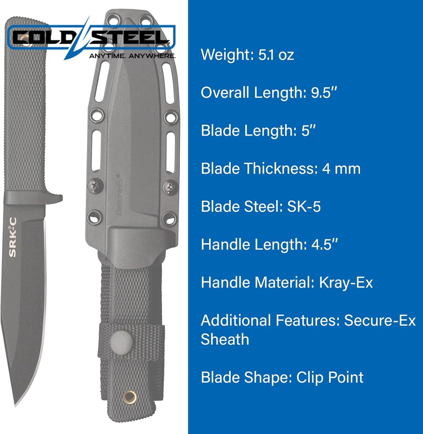 COLD STEEL SRK Compact 5" SK-5 Clip Point Razor-Sharp Blade 4.5" Durable Kray-Ex Handle Tactical Fixed Blade Knife w/Secure-Ex Sheath